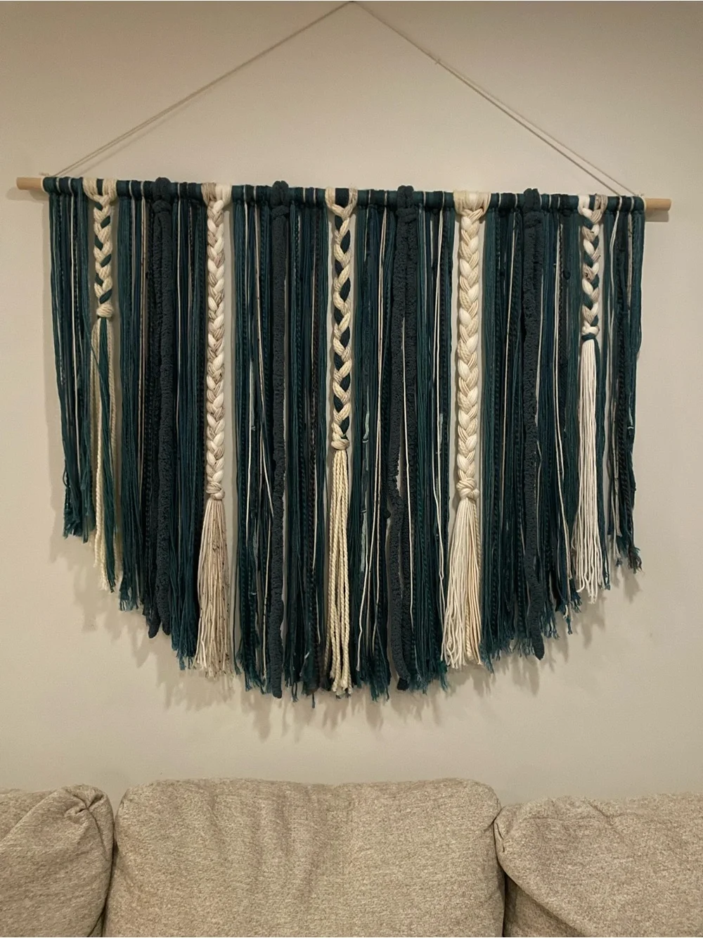 Handmade Teal and Cream Macramé Wall Hanging
